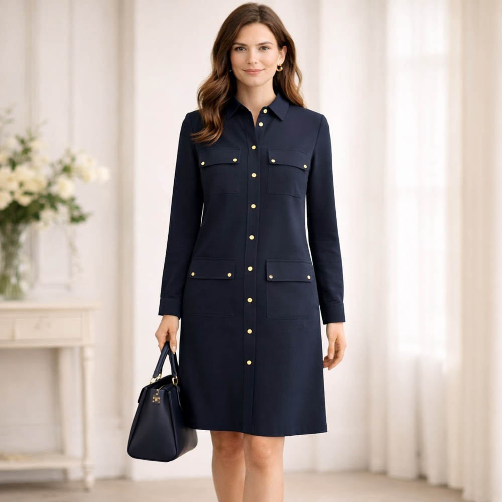 Michael Kors dress 4 navy 4 pockets balloon sleeves buttons knee length wedding
